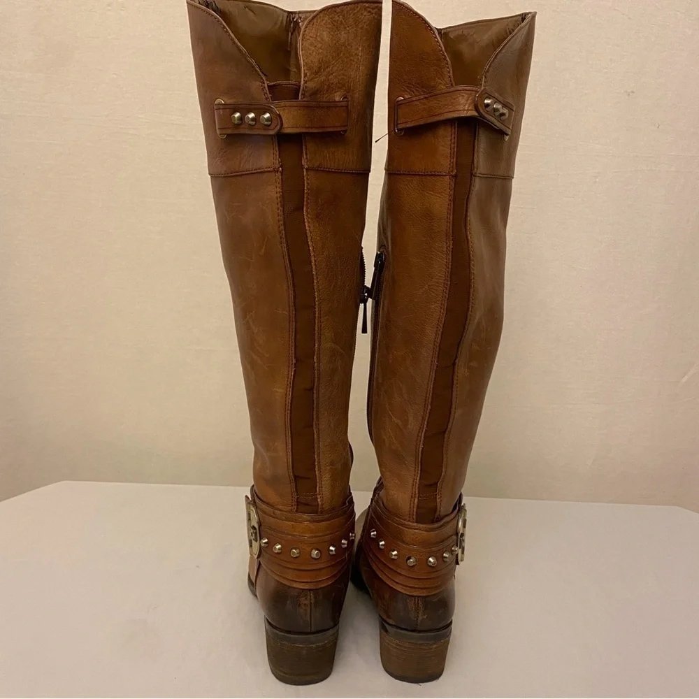Vince Camuto 6.5 Leather Knee Boots Brown Harness Women’s Zippers Logo